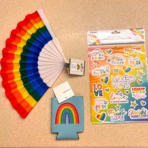 UNISEX Rainbow PRIDE * Foldable Fan * 25 Glitter Stickers * Can / Glass Koozie *